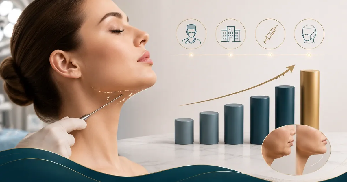 Infographic comparing chin liposuction costs across countries and versus Kybella