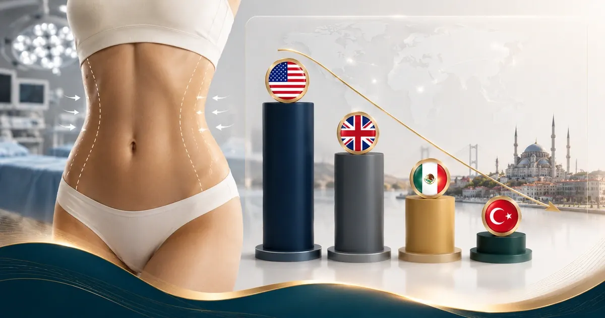 Infographic comparing liposuction costs by body area and country