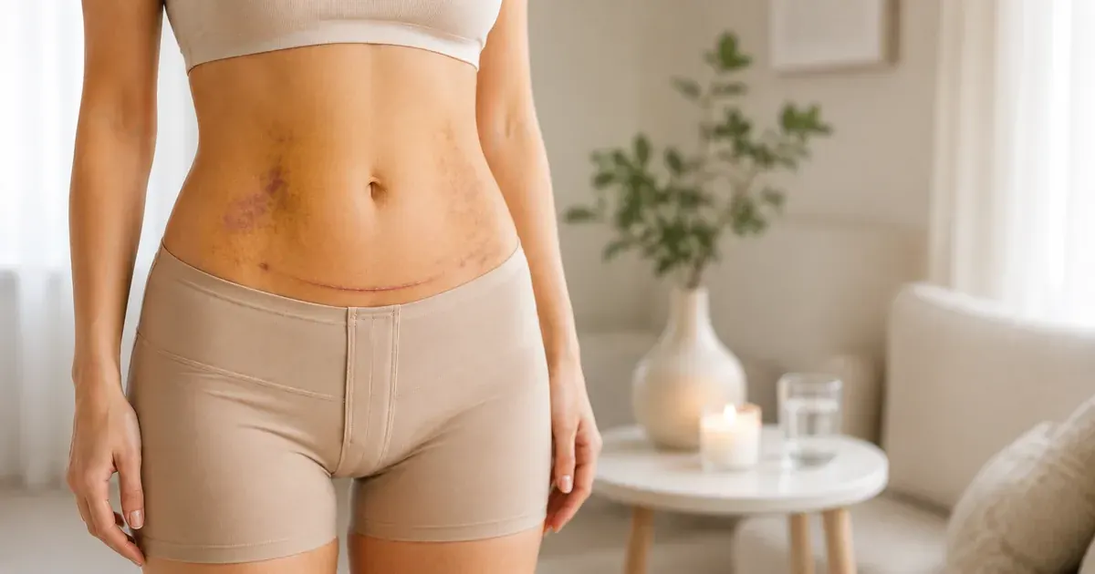 Patient at two weeks after liposuction recovery — illustrating typical swelling and bruising stage