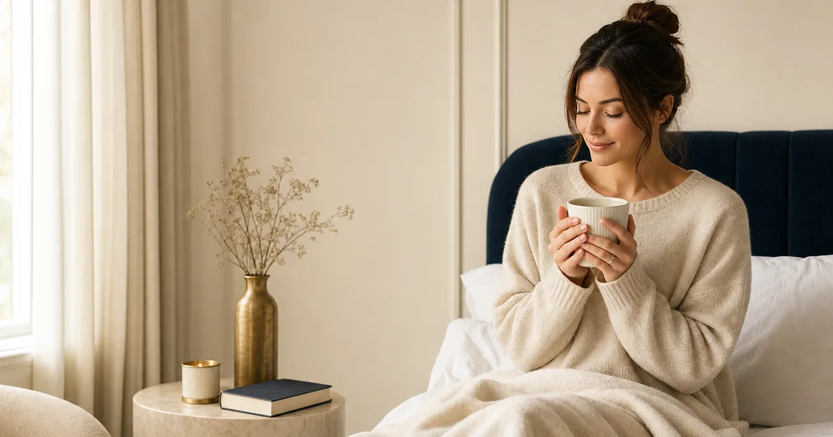Editorial scene of a woman relaxing in a soft cream-toned bedroom with a herbal tea cup, embodying calm two-week post-liposuction recovery