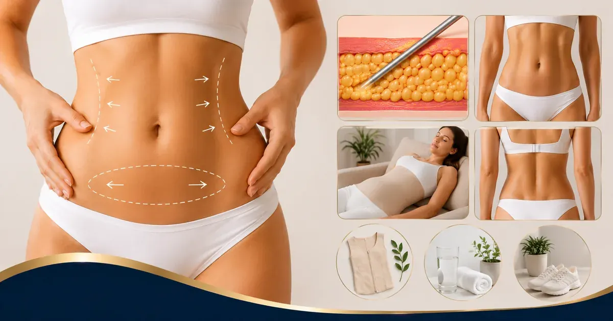 Diagram of abdominal zones treated by liposuction — lower abdomen, upper abdomen, and flanks