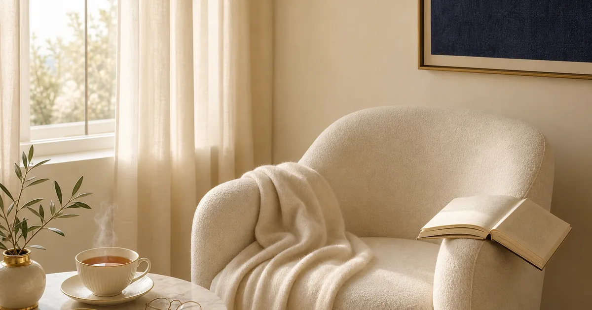 Editorial interior scene of a cream upholstered armchair beside a sunlit window, with a softly draped cream cashmere blanket, an open hardcover book, a porcelain teacup of warm herbal tea and cream-rimmed reading glasses — premium scene for a calm awake liposuction patient experience