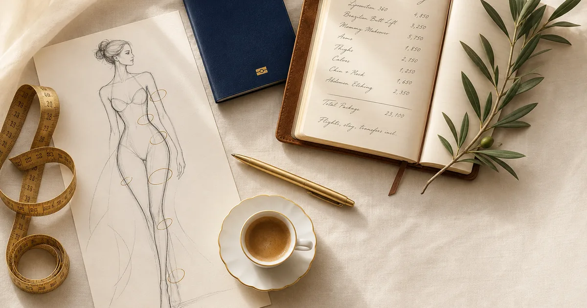 Editorial flat-lay of an artist's editorial figure sketch with gold-circle area annotations, a coiled brushed-gold tape measure, navy passport and an open leather notebook with handwritten Turkey package figures — premium full-body lipo planning scene