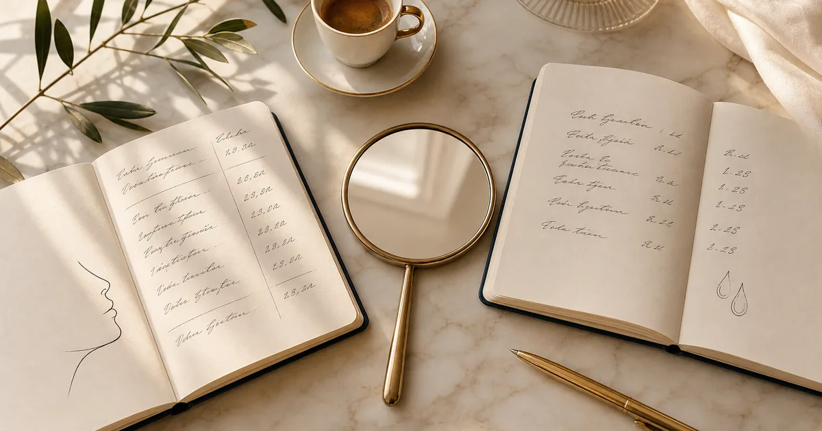 Editorial flat-lay of two open ivory notebooks side by side with handwritten cost figures for chin liposuction and Kybella, beside a gold-rimmed hand mirror and an espresso cup — premium chin lipo cost comparison scene