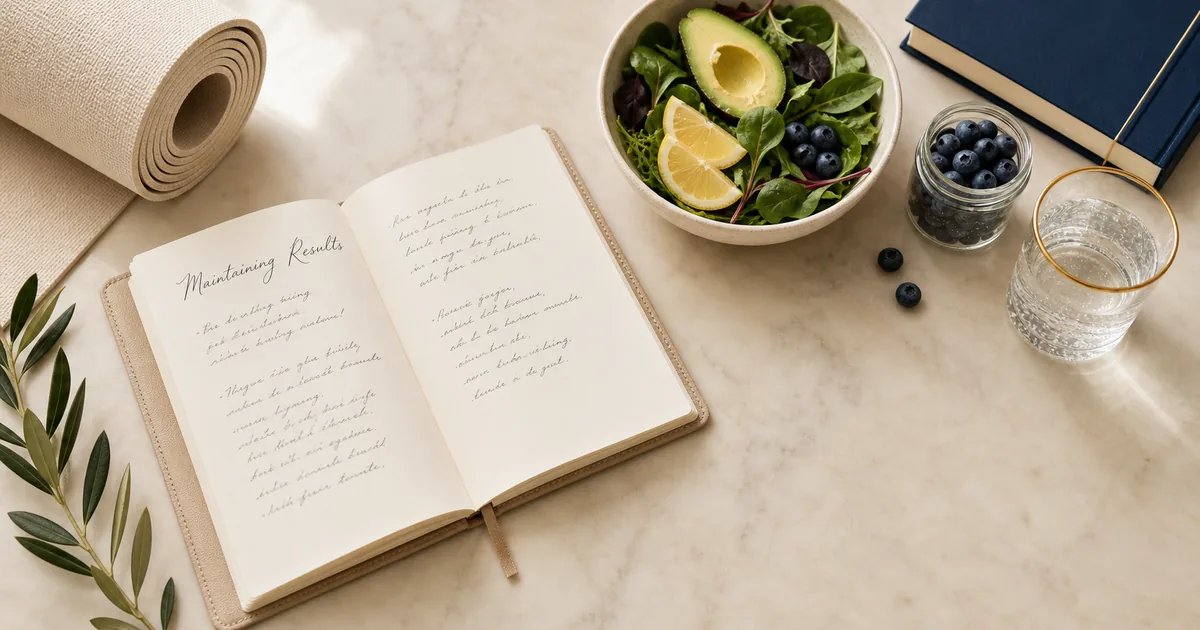 Editorial wellness flat-lay with a leather journal open to handwritten maintenance notes, a fresh avocado-and-greens bowl, a jar of berries, a softly rolled cream yoga mat and a navy hardcover wellness book — premium scene for sustaining long-term liposuction results