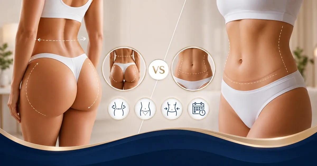 Comparison diagram showing Lipo 360 targeting circumferential fat versus tummy tuck removing excess skin and repairing diastasis recti
