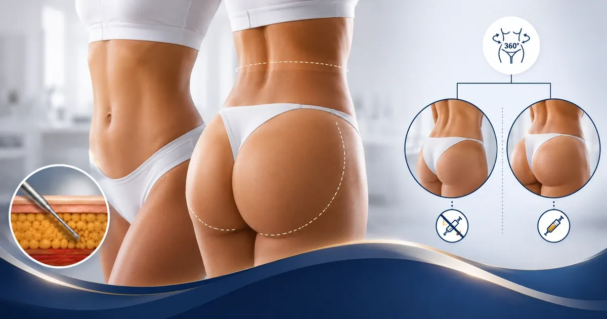 Comparison diagram showing Lipo 360 alone versus Lipo 360 combined with BBL fat transfer to the buttocks