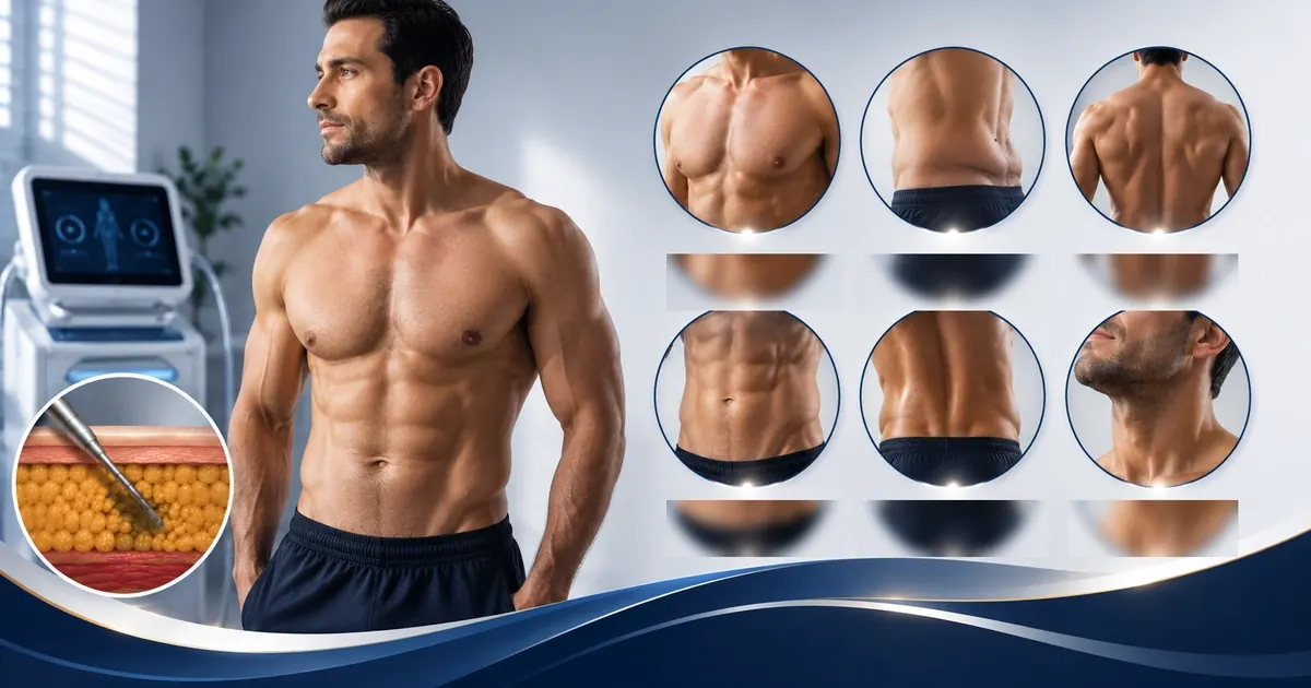 Diagram illustrating common male liposuction treatment areas including flanks, abdomen, chest and chin