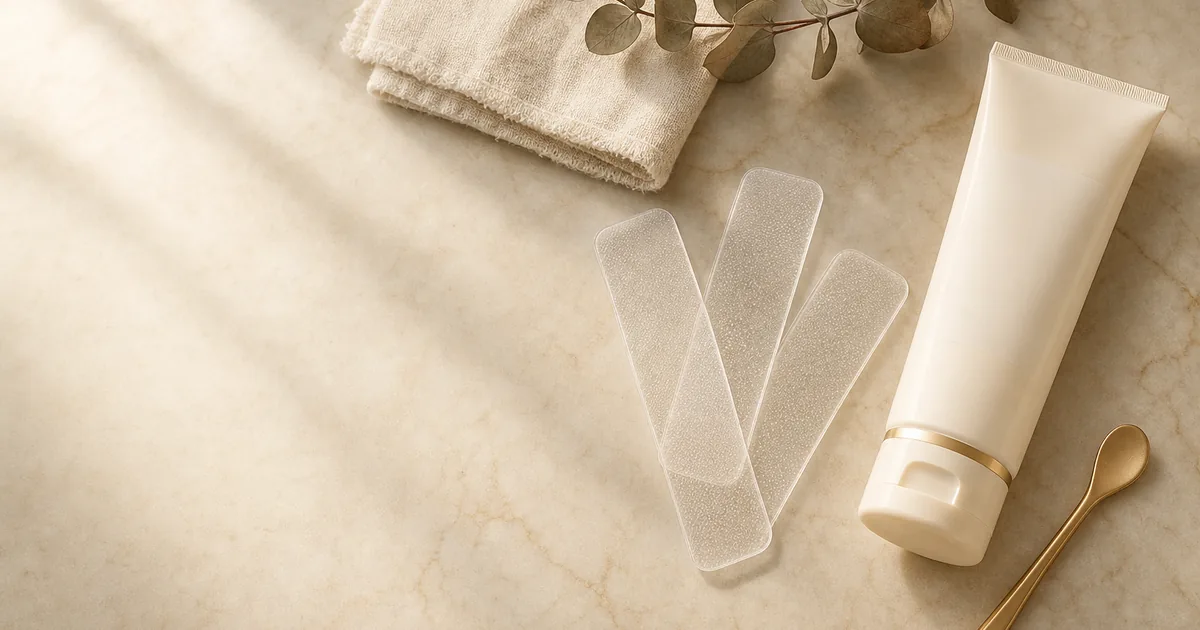 Editorial flat-lay on cream marble surface with silicone scar sheets, sunscreen tube, neutral skincare and folded linen — premium scar care reference
