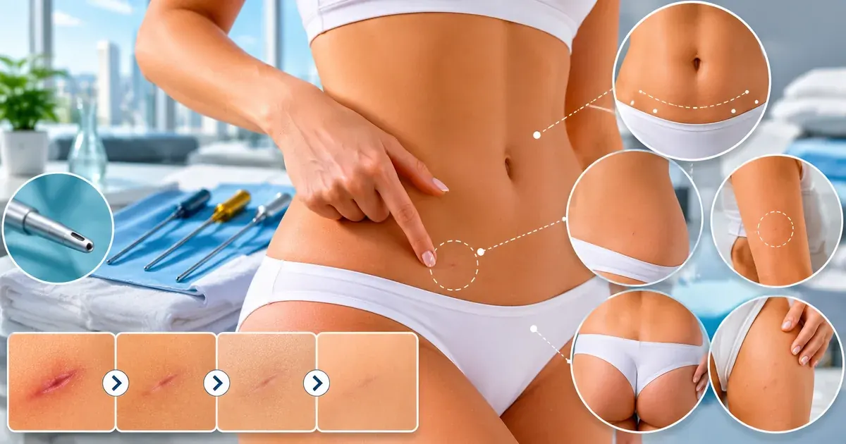 Diagram showing typical 3-5 mm liposuction cannula incision placements on the abdomen hidden in natural skin folds