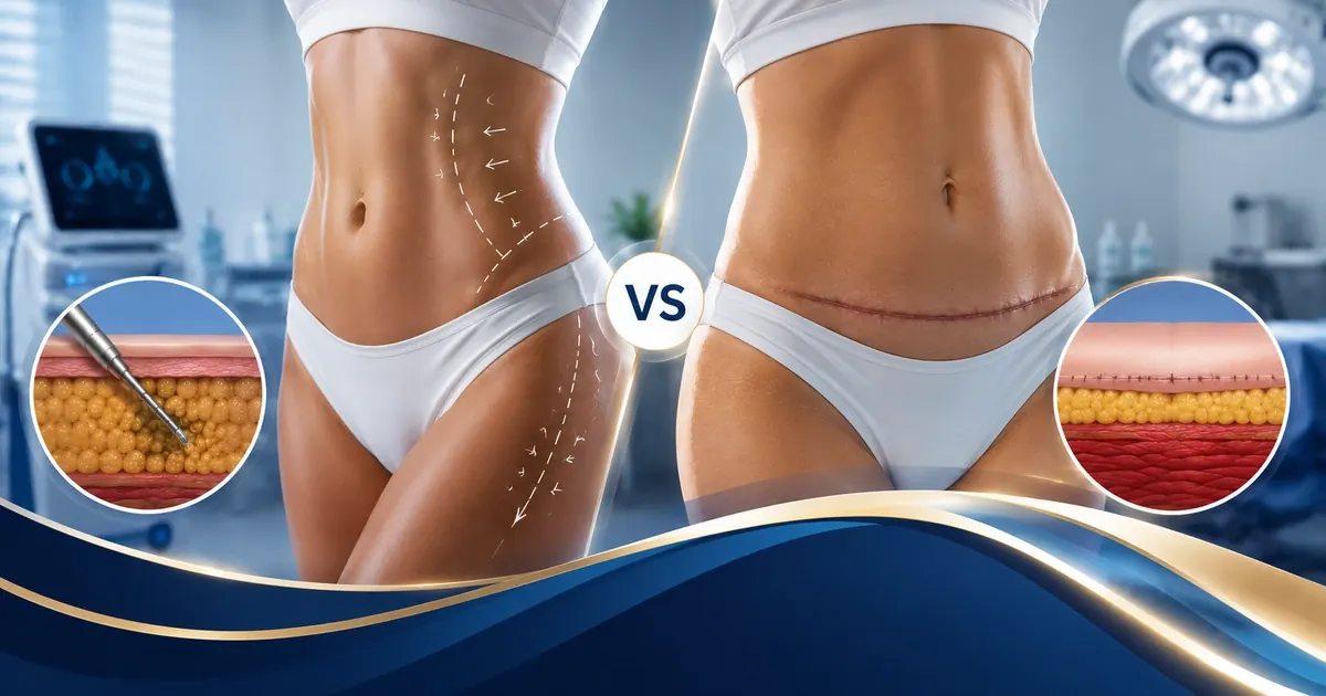 Side-by-side comparison of liposuction and tummy tuck showing what each procedure addresses