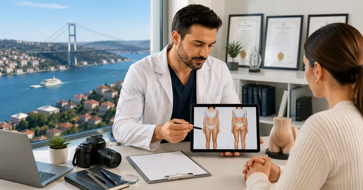 Checklist illustration for verifying a liposuction surgeon's credentials in Turkey