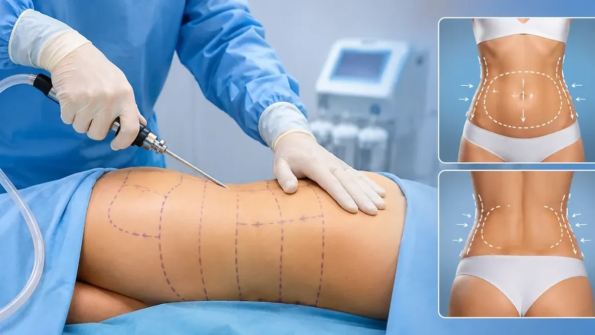 Lipo 360 body contouring procedure — clinician performing circumferential liposuction on abdomen with marked treatment zones, alongside diagram showing front and back 360-degree treatment areas across abdomen, flanks and back
