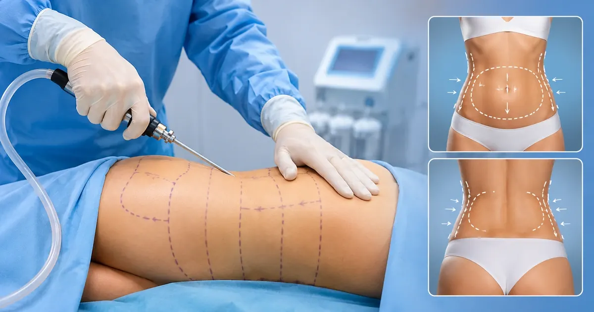 Lipo 360 body contouring diagram showing circumferential treatment of abdomen, flanks and back