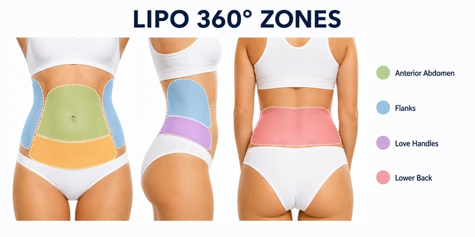 Front and back torso diagram highlighting the four Lipo 360 treatment zones