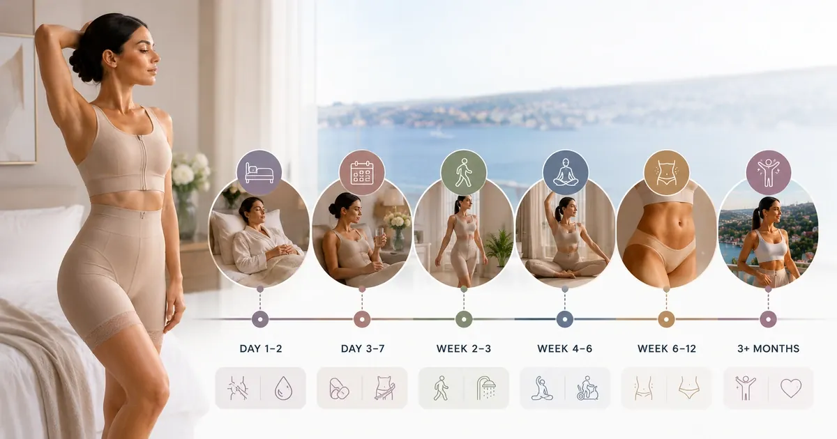 Liposuction recovery timeline infographic — days, weeks, and months milestones
