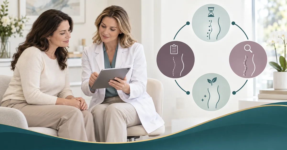 Illustrated liposuction healing and revision-assessment timeline beside a patient consultation
